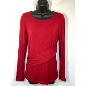 Cabi Women's Jersey Knit Ruched Applaud Faux Wrap Long Sleeve Top Red Size Small